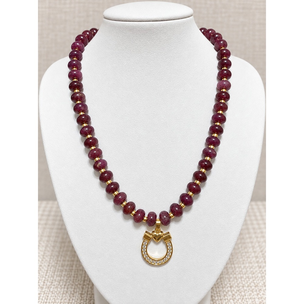 Burgundy Jade Beaded Horseshoe Necklace Gold CZ Western Equestrian Jewelry